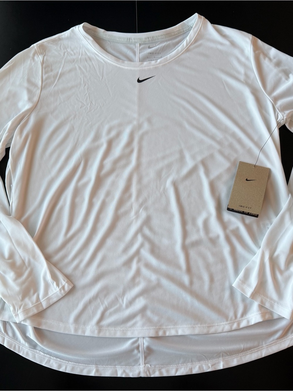 Women’s Nike Dri fit White Long Sleeve Performance Top Workout L Black Swoosh